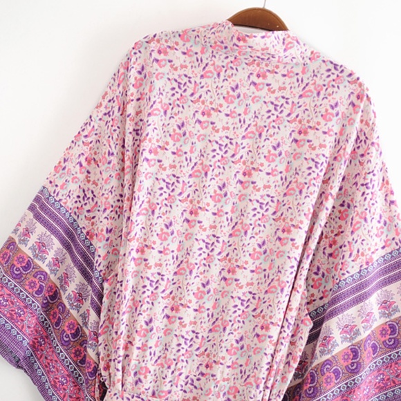 boho floral print kimono cover up belted beach - Picture 2 of 6